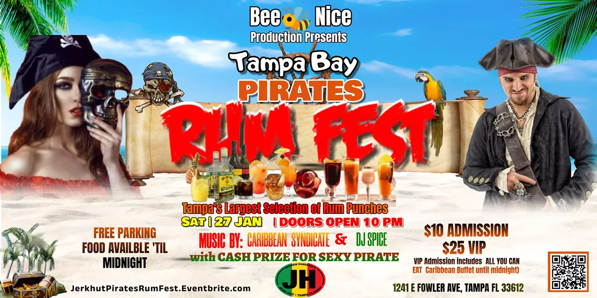 Discover the treasures of flavor at the Tampa Bay Pirates Rum Fest on January 27! 🍹🏴&zwj;☠️ JerkHut Island Grille & Beach Club invites you to a night of rum-fueled fun starting at 10 PM. Dance to the beats of Caribbean Syndicate and DJ Spice, indulge in Tampa Bay's finest rum punches, and upgrade to VIP for a feast with our all-you-can-eat Caribbean buffet until midnight. $10 general admission, $25 VIP, and free parking! With Cash Prize for the sexiest pirate! 📍 1241 Fowler Ave, Tampa FL 33612