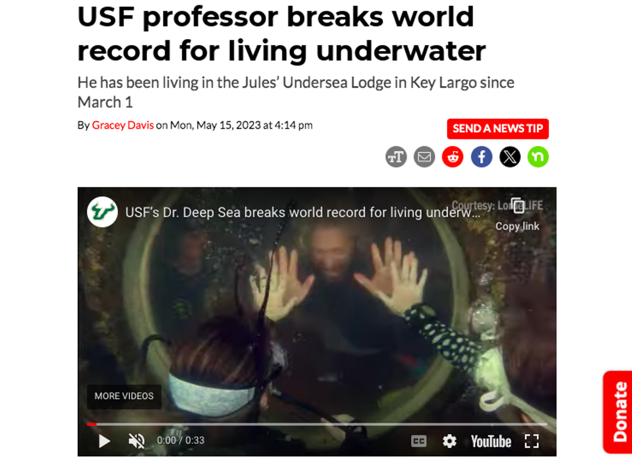 Dr. Joseph Dituri, known to his students and colleagues as Dr. Deep Sea, broke the world record for underwater living last spring. The previous record, held by Tennessee teachers Bruce Cantrell and Jessica Fain, was set in 2014 at 73 days. Read the full story here. 