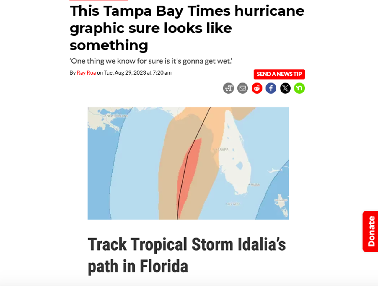 The graphic is about hurricane force winds. And while it’s very likely that Times Data Editor Langston Taylor was just trying to do his job as the storm set its sights on Florida’s west central coast, Instagram commenters were also doing theirs, with @floridaman saying, “I should call her,” and @missjulieann adding “Idalia Majora” to the conversation. Read the full story here. 