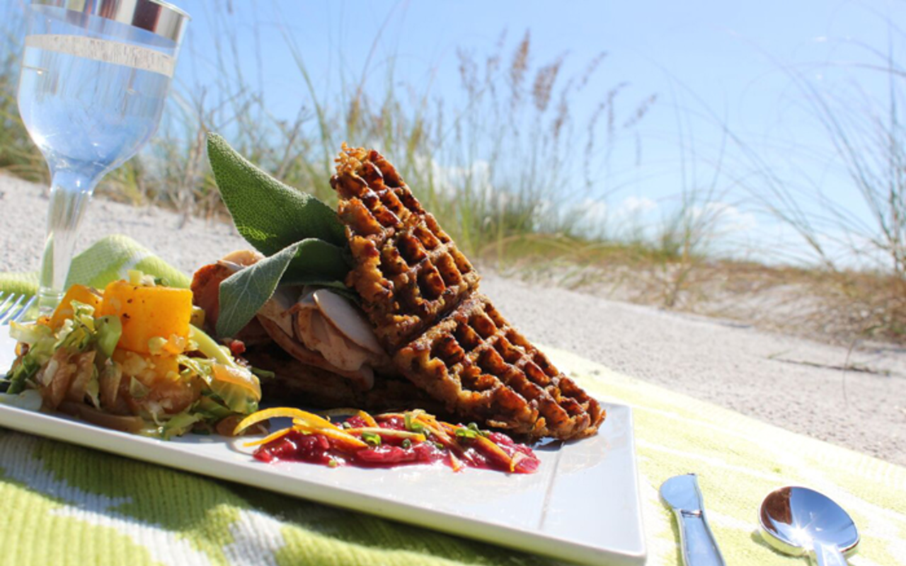 Share a romantic fall picnic with this turkey waffle sandwich from the Zamora.