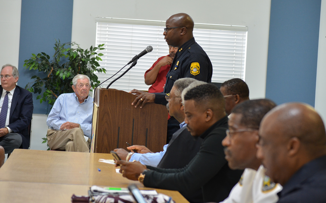 Tampa Police Chief Eric Ward speaks to over 100 community members about the department's efforts and goals to improve community-police relations.