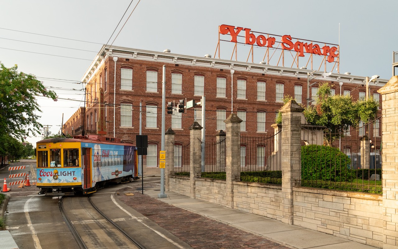 A TECO streetcar makes a turn at Ybor Square in the historic Ybor City district on Aug. 8, 2021.