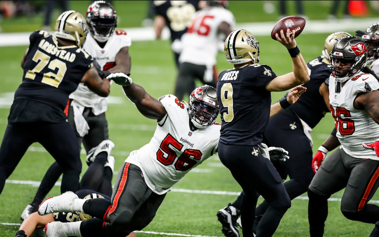 Rakeem Nunez-Roches pressures Drew Brees at the Superdome in New Orleans, Louisiana on Jan. 17, 2021.