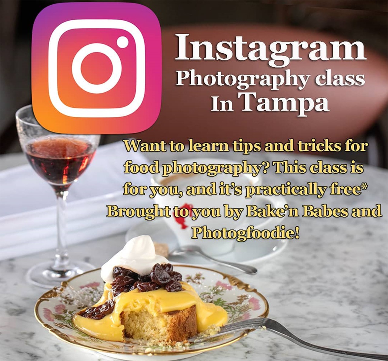 Learn how to photograph food with Chip Weiner and Bake&#146;n BabesAt the Hall on Franklin in Tampa. There&#146;s a $25 deposit, but you get that money back in the form of Bake&#146;n Babes coupons. So it&#146;s practically free. Get more details and sign up by clicking on that big red hyperlink above.Sat., Apr. 13, 9-11 a.m.
Photo via Instagram @photogfoodie