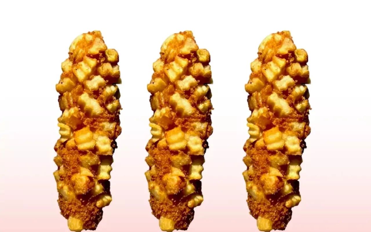 Potato Mozzarella Kdog Mozzarella Cheese Korean Corn Dog wrapped with potato cubes, coated with panko then deep fried. Location: GoldenKdog