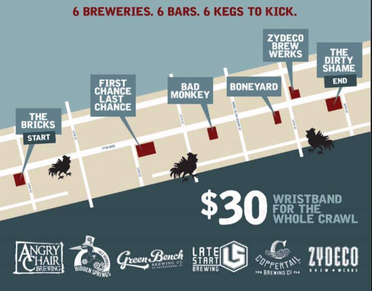 Kick the Keg Pub Crawl in Ybor CityMeet at The Bricks, then drink your way through Ybor City. With stops at First Chance Last Chance, Bad Monkey, Boneyard, Zydeco Brew Works and The Dirty Shame.Thurs., Mar. 7, 7-11 p.m.
Photo via the Facebook event page