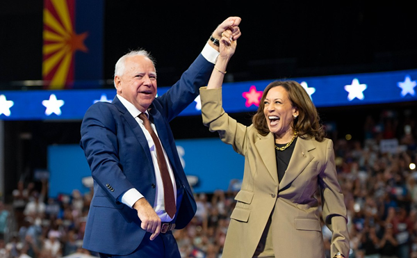 Tim Walz (L) and Kamala Harris at the United Center in Chicago, Illinois on Aug. 22, 2024.