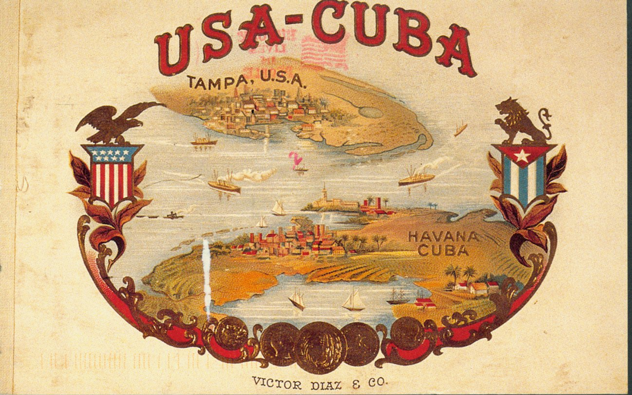 SO CLOSE AND YET… A vintage cigar box evokes the proximity of Tampa and Havana.