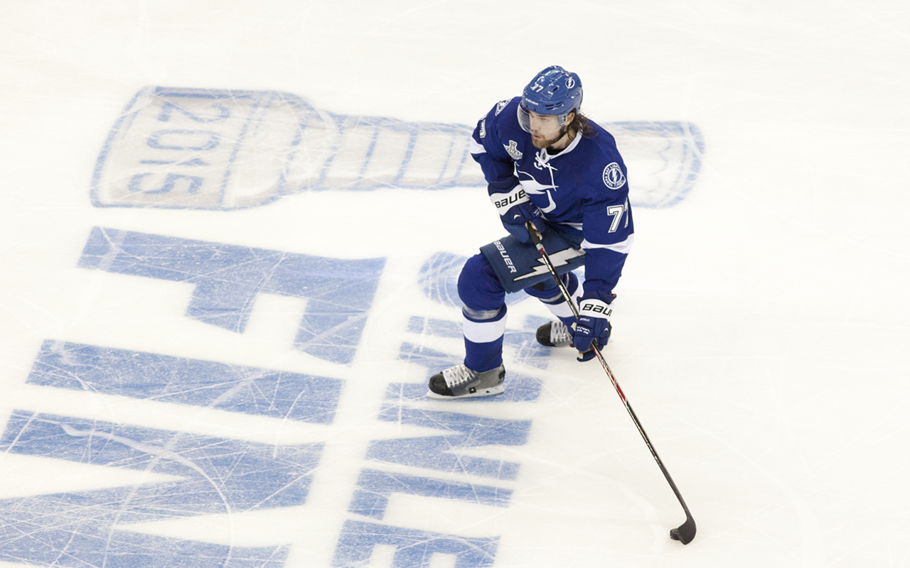 Victor Hedman crosses the center line with the puck in Game 2 at Amalie Arena.