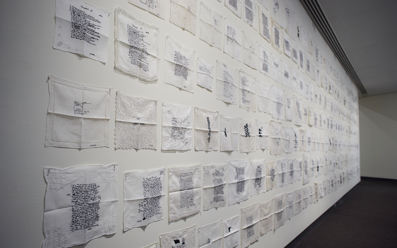 A wall of embroidered diary pages from the Columbine killers makes viewers get intimate with the minds of the murderers.