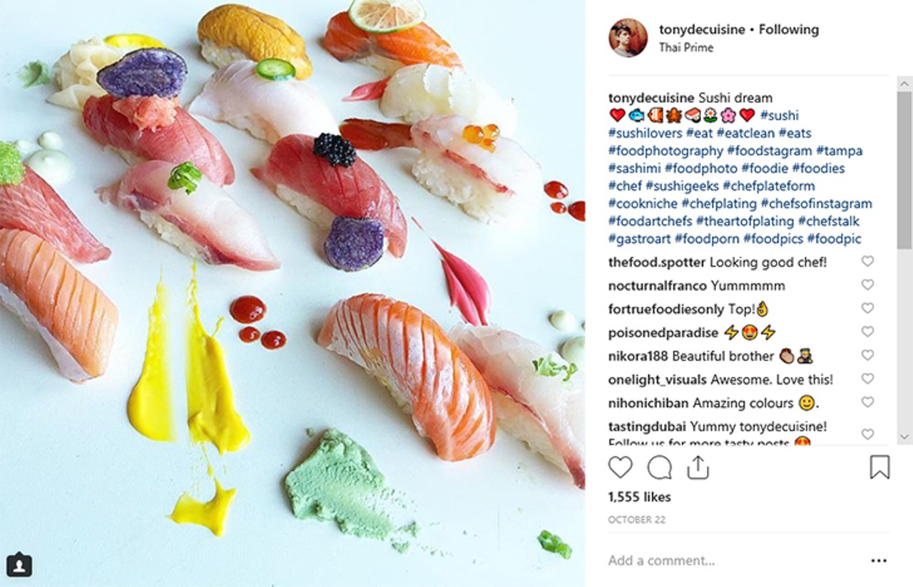Chef Tony (@tonydecuisine)
Thai Prime's Chef Tony has elevated food to an art form. He's one of the best food stylists we've ever seen, and he's sharing pics of his fabulous sushi creations on Instagram.
Photo via Chef Tony