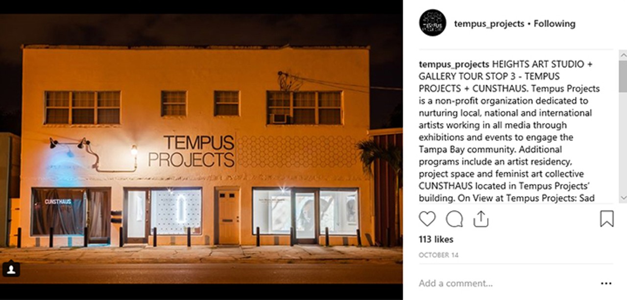Tempus Projects (@tempus_projects)
Tempus Projects was the first gallery to hit Seminole Heights. Now they serve as an anchor for the area's burgeoning arts scene. Follow them to stay on top of art shows in the Seminole Heights neighborhood.
Photo via Tempus Projects