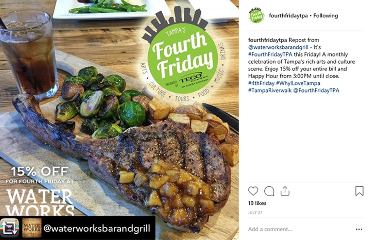 Fourth Friday Tampa (@fourthfridaytpa)
Don't get confused over who's offering discounts during Fourth Friday. Follow the official Fourth Friday Instagram feed instead. It's good for your wallet. #FourthFridayTPA
Image via Waterworks