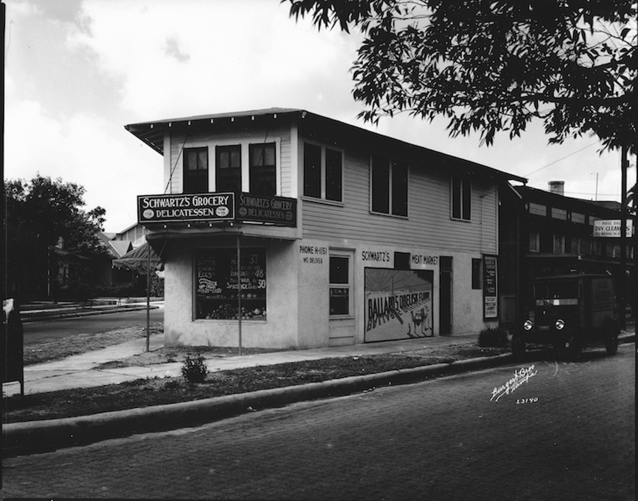 THEN
Schwartz&#146;s Grocery and apartment 
1718 Watrous Avenue, 1927. 
Neighborhood grocery stores were once very popular prior to having a car for every home, allowing residents close proximity to goods.  The first Schwartz&#146;s grocery opened on Lafayette Street (now Kennedy Boulevard) in 1907 and in 1914 moved to 7th Avenue in thriving Ybor City. While the Hispanic heritage of Ybor City is widely publicized, there was a strong Jewish community opening retail outlets in the area. Claiming to be the only one of its kind in South Florida, the Jewish delicatessen and grocery served as a true mom-and-pop store for Ybor City. Pastroma, salami, dill pickles, and salt herring were all available in the store and by mail order. In 1915, the store&#146;s name changed to HW Schwartz Grocery and Delicatessen. In 1916 tragedy struck as the patriarch of the family, Herman Schwartz, was killed in a trolley accident.