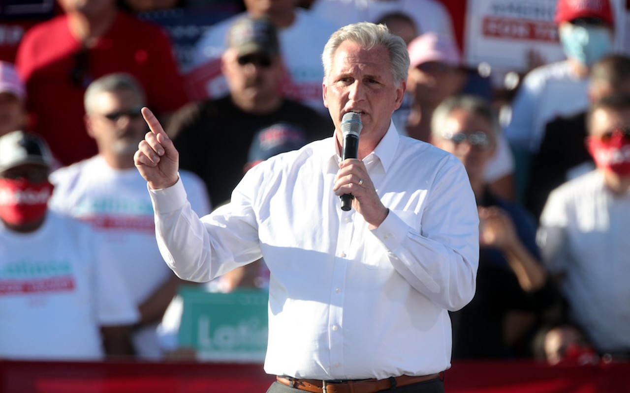 House Minority Leader Kevin McCarthy speaking with supporters of President of the United States Donald Trump at a "Make America Great Again" campaign rally at Phoenix Goodyear Airport in Goodyear, Arizona on Oct. 28, 2020.