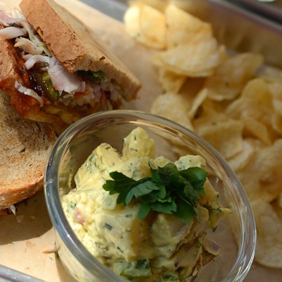 The barbecue tofu sandwich and potato salad.
