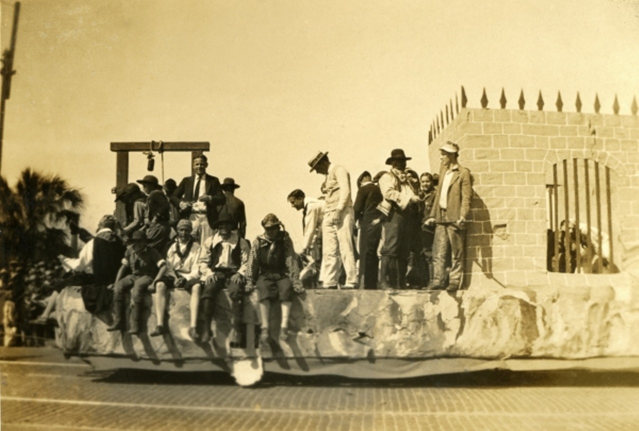Jail float in the Gasparilla Carnival parade in Tampa. Photo taken sometimes in the 1920s.