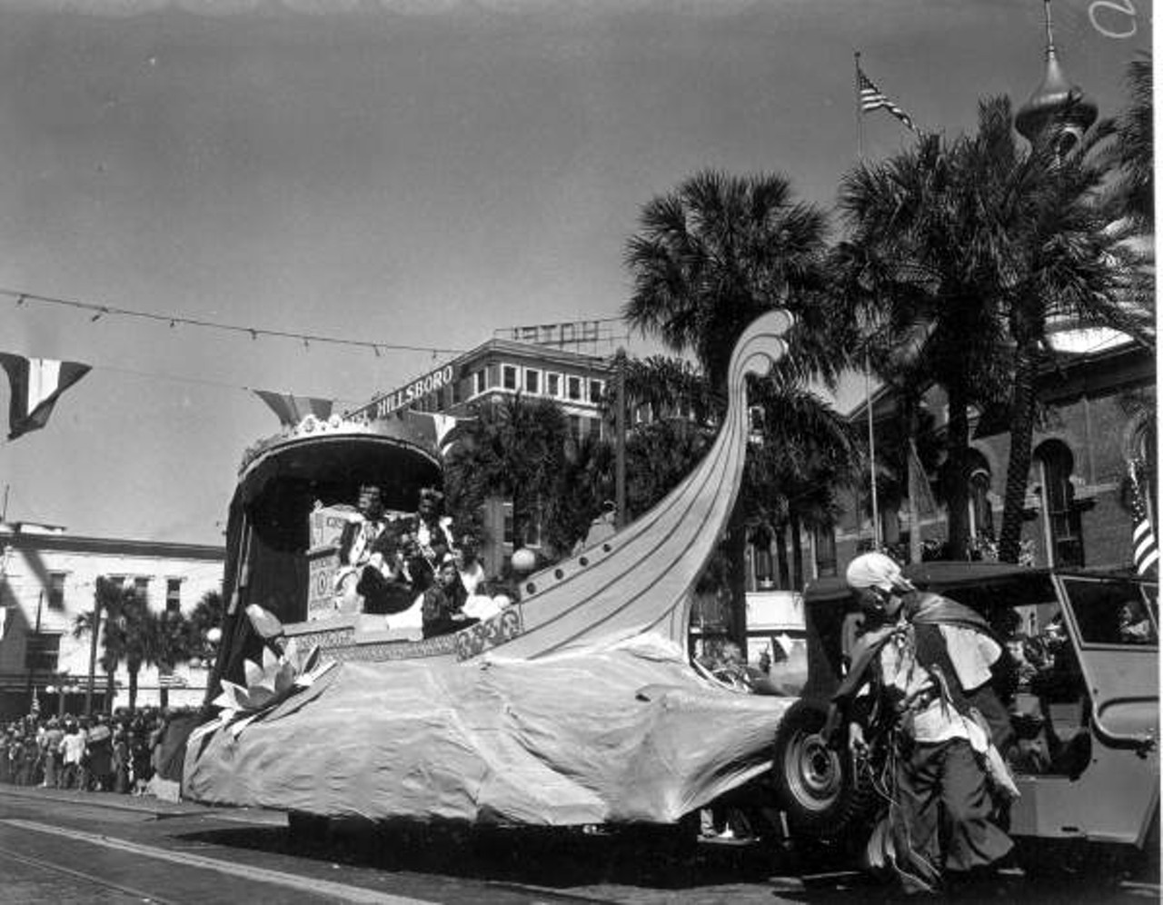 King and queen float of the Gasparilla festival parade, circa 1947