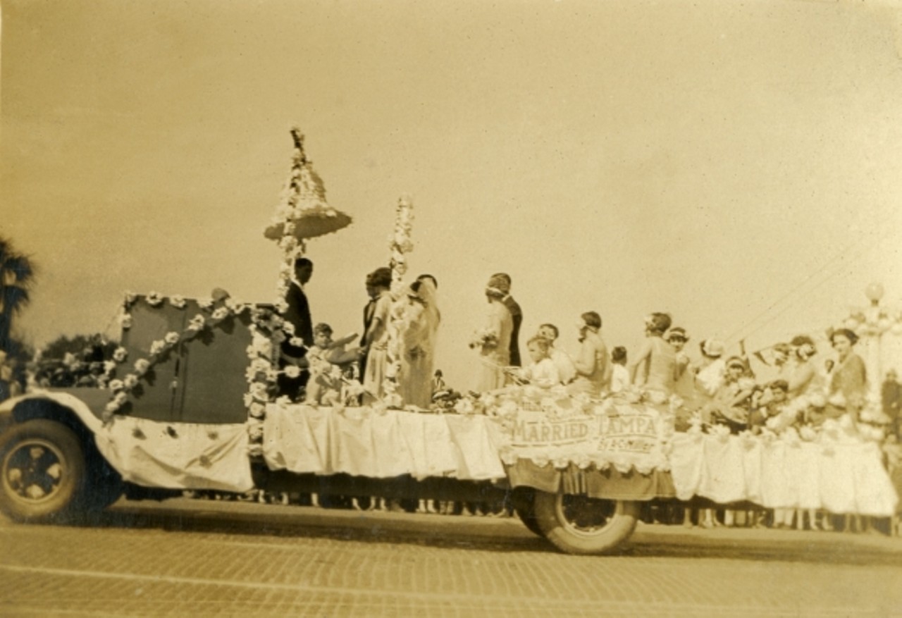 Marriage float in the Gasparilla Carnival parade in Tampa. Photo taken sometimes in the 1920s.