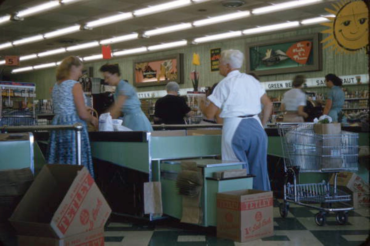 View showing checkout counters at a Publix supermarket in Sarasota, Florida, 1958.