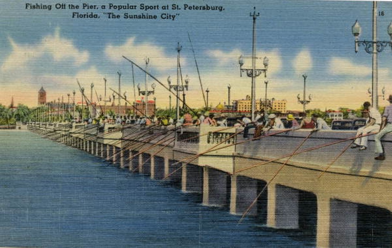 Fishing off the pier, a popular sport at St. Petersburg, Florida, "The Sunshine City," circa 1946.