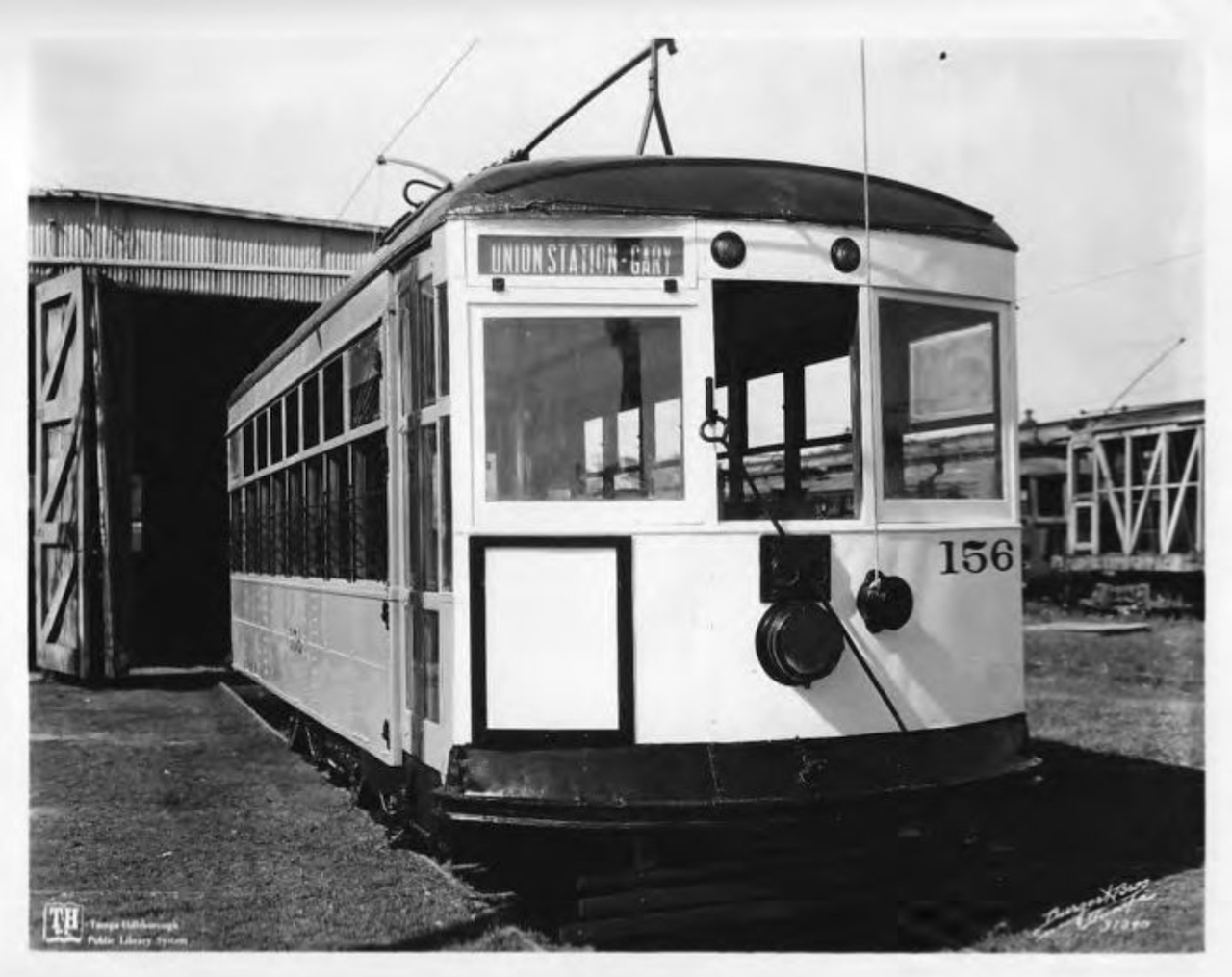 Streetcar No. 156, Union Station-Gary route, shown outside of trolley barn : Tampa, Fla.
Photo by Burgert Brothers via Tampa-Hillsborough County Public Library System