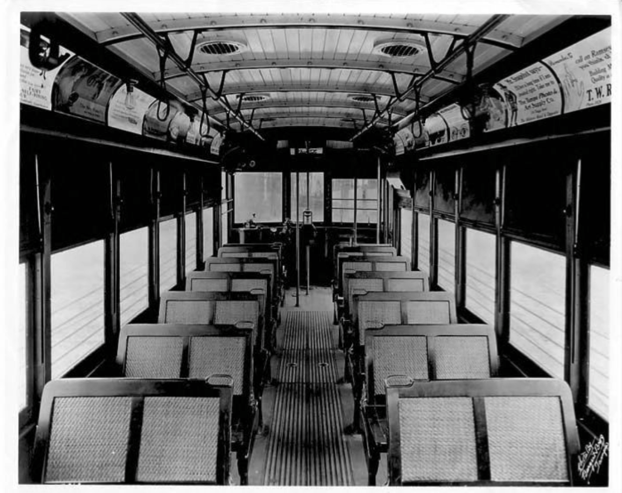 Interior view of Streetcar No. 131, seating, advertisements and coinbox in Tampa, Florida in 1919.
Photo by Burgert Brothers via Tampa-Hillsborough County Public Library System