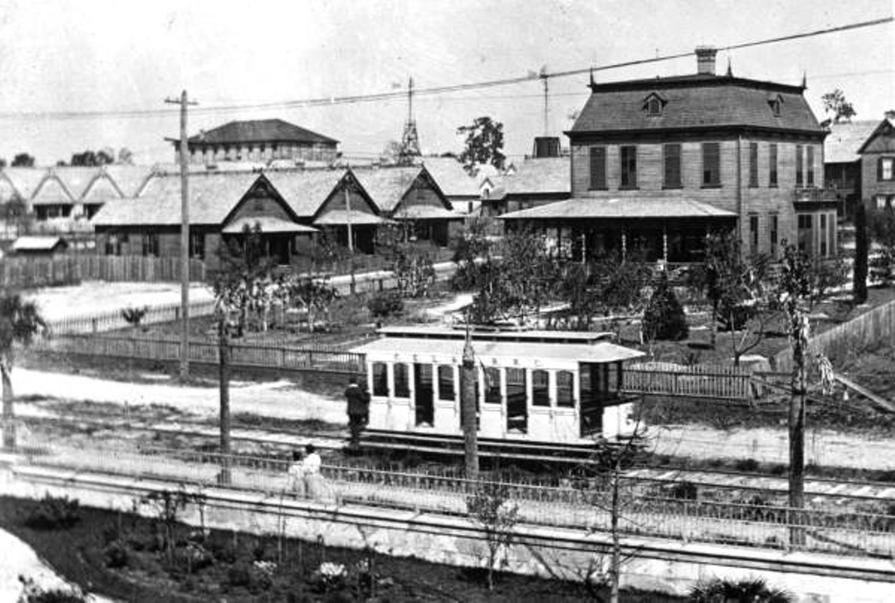 Streetcar and buildings in Ybor City - Tampa, Florida. Sometime in the early 1900s.