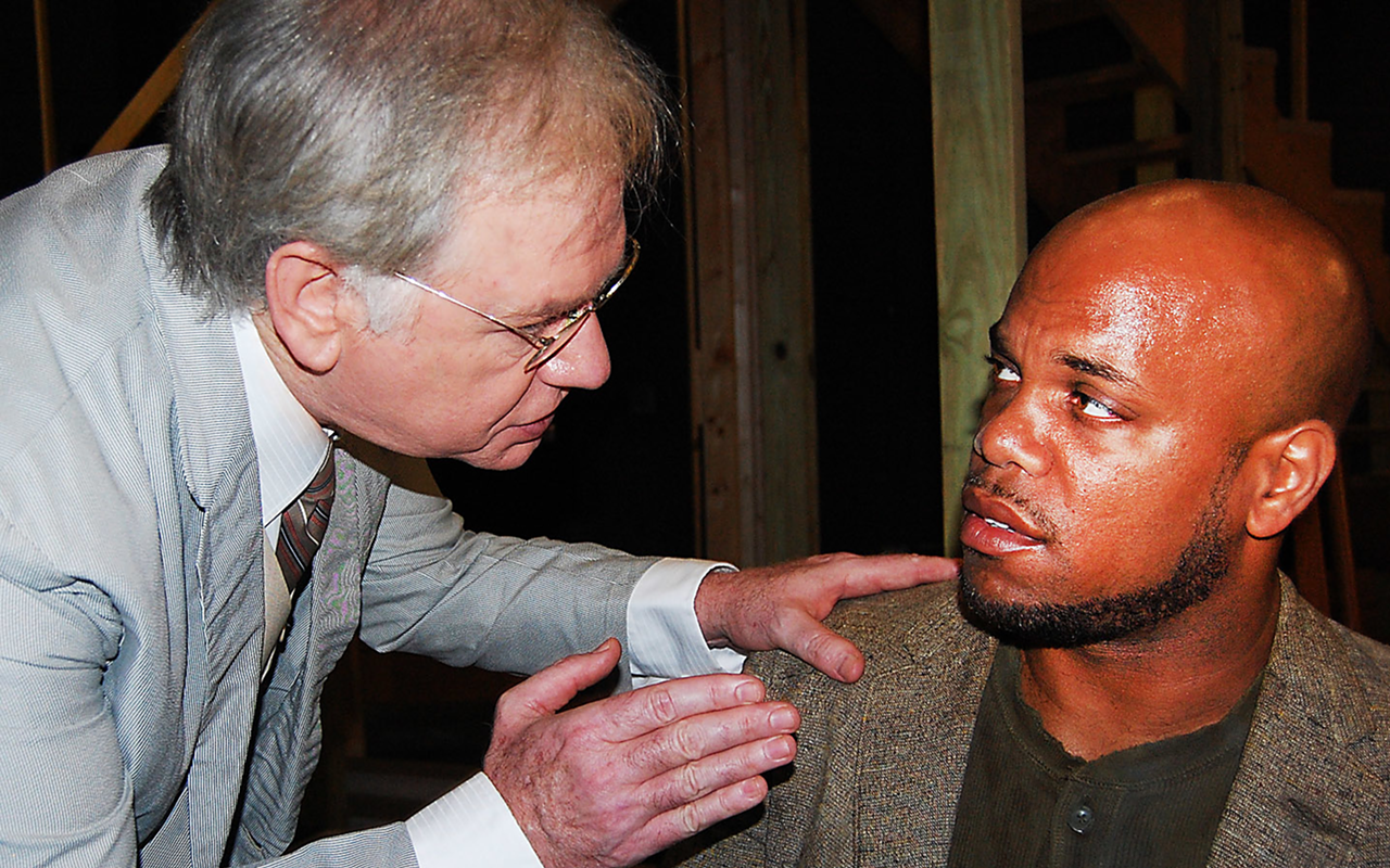 HOLDING COURT: Atticus Finch (Jim Wicker) counsels accused rapist Tom Robinson (Kibwe Dorsey) in Stageworks' adaptation of Harper Lee's beloved To Kill A Mockingbird.