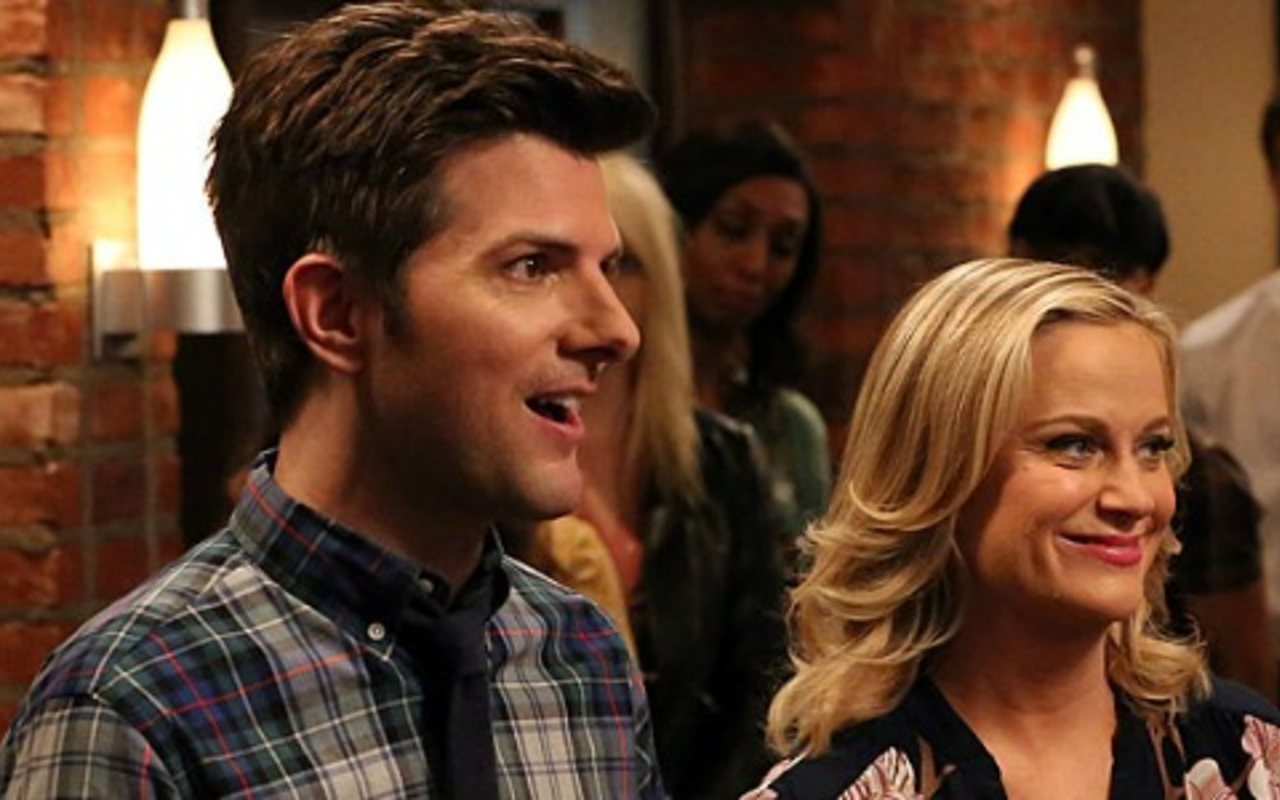 FUTURE COUPLE: We catch up with Parks & Rec's Ben (Adam Scott) and Leslie (Amy Poehler) in the year 2017.