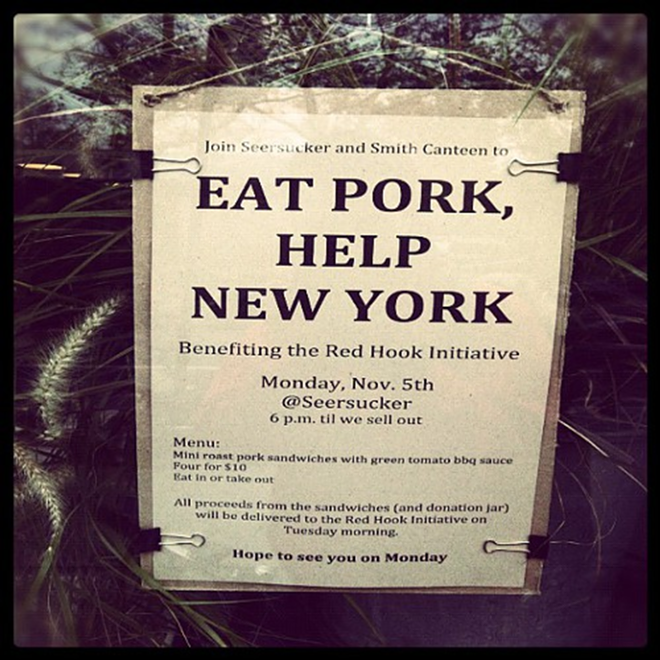 A pork-fueled fundraiser near Brooklyn to help those affected by Sandy. - @AndrewOKnowlton