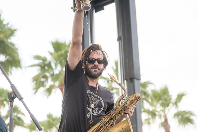 Jared Tankel on Baritone Sax for the Budos Band. - Tracy May