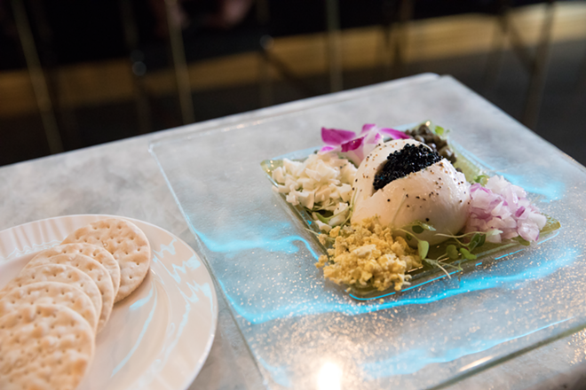 Our first choice from downtown St. Pete's Flûte & Dram, burrata and caviar, is a stunner. - Nicole Abbett
