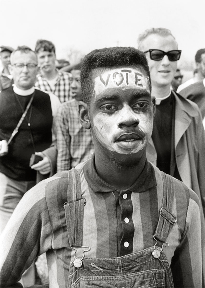 Though too young to vote, Bobby Simmons proclaims his convictions on his forehead after walking all the way to Montgomery, Ala., in 1965. -  - Matt Herron, This Light of Ours