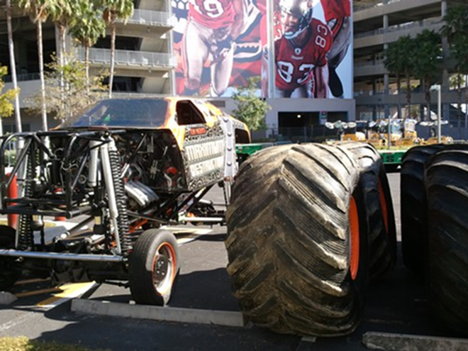The Maximum Destruction truck of Tom Meents sits outside of Raymond James Stadium on Wednesday. Meents will attempt a back flip in the truck that weighs close to 15,000 pounds. - Chris Girandola