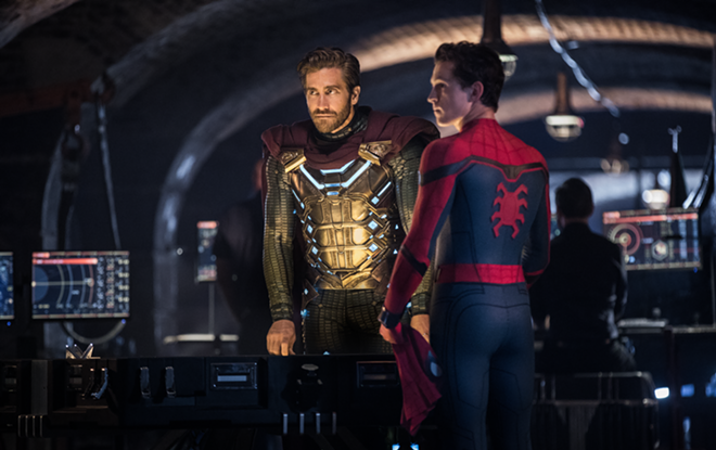 Quentin Beck (Jake Gyllenhaal, left) is a stellar addition to the MCU, both as Mysterio and as a surrogate big brother to Peter Parker (Tom Holland). - Jay Maidment/Sony Pictures Entertainment Inc.