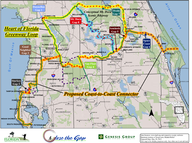 COAST TO COAST: A map of the proposed bikeway that would link St. Petersburg on the Gulf to the Cape Canaveral National Seashore on the Atlantic. - Florida Department of Transportation