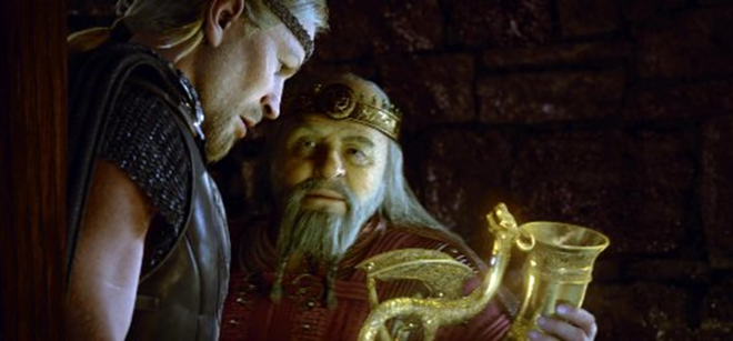 Hrothgar offers to give Beowulf his golden drinking horn, a trophy taken after slaying the dragon Fáfnir, pending he destroys Grendel. Saturday, Aug. 3, is National Mead Day. - Paramount Pictures