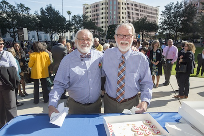 After 35 years, Bud Parsons and Darrell Walker made their relationship official, turning in their marriage license application at the special clerk’s table set up in Chillura Park in January after the lifting of Florida’s same-sex marriage ban. - Chip Weiner