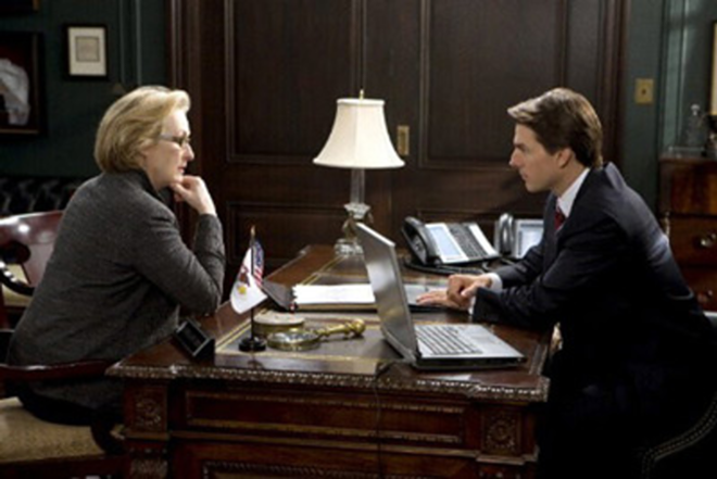 MEET THE PRESS: Meryl Streep is a journalist who interviews Tom Cruise, a Republican senator, in Lions for Lambs. - Mgm/ua
