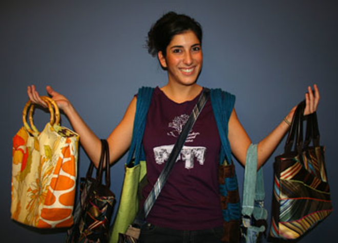 ALL TIED UP: Orel Edry and her bags made from neckties. - Wayne Garcia