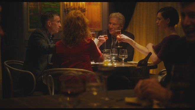 L to R: Steve Coogan, Laura Linney (back to camera), Richard Gere, and Rebecca Hall in "The Dinner" - Protagonist Pictures