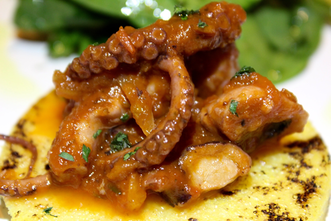Octopus cichetti, a classic Venetian side dish, is small and savory on top of grilled polenta. - Laura Mulrooney