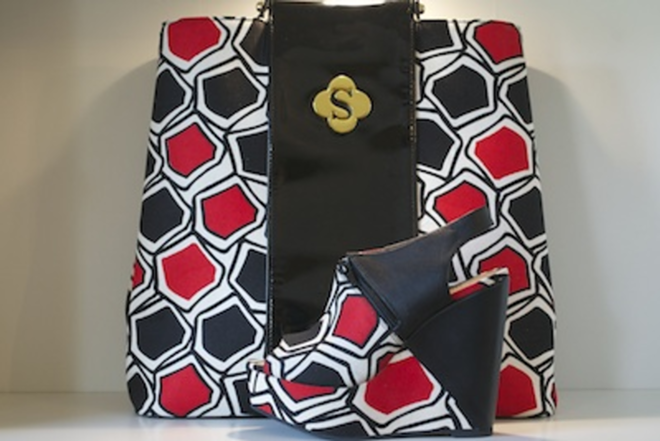 A patterned wedge and matching handbag by Shola. - Leslie Joy Ickowitz