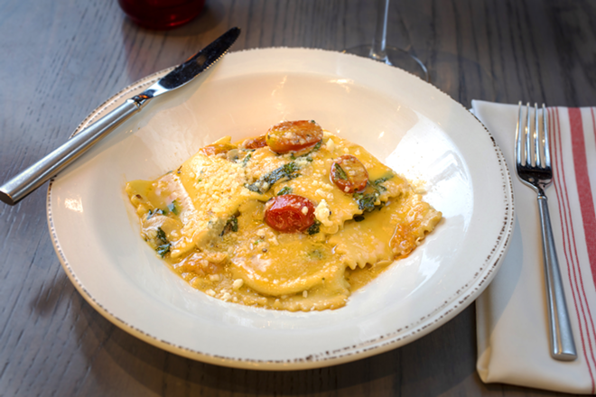 Tortelli di erbette is stuffed with spinach and house ricotta in a sauce of shaved garlic and EVOO. - CHIP WEINER