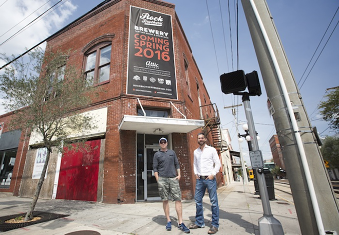 Rock Brothers' Kevin Lilly and Tony Casoria in front of the future home of Rock Brothers Brewery and The Attic. - Chip Weiner