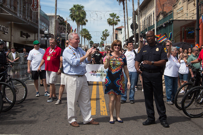 Tampa Mayor Bob Buckhorn, Congresswoman Kathy Castor, and Tampa Police Chief Eric Ward attend the Pulse Nightclub memorial  along with survivors of the attack. - Chip Weiner