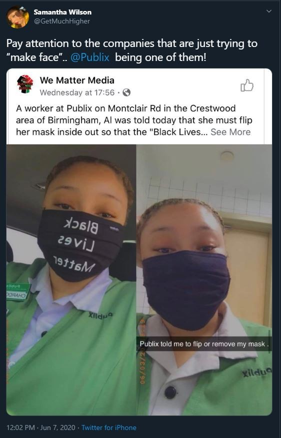 Publix refuses to let employees wear Black Lives Matter face masks