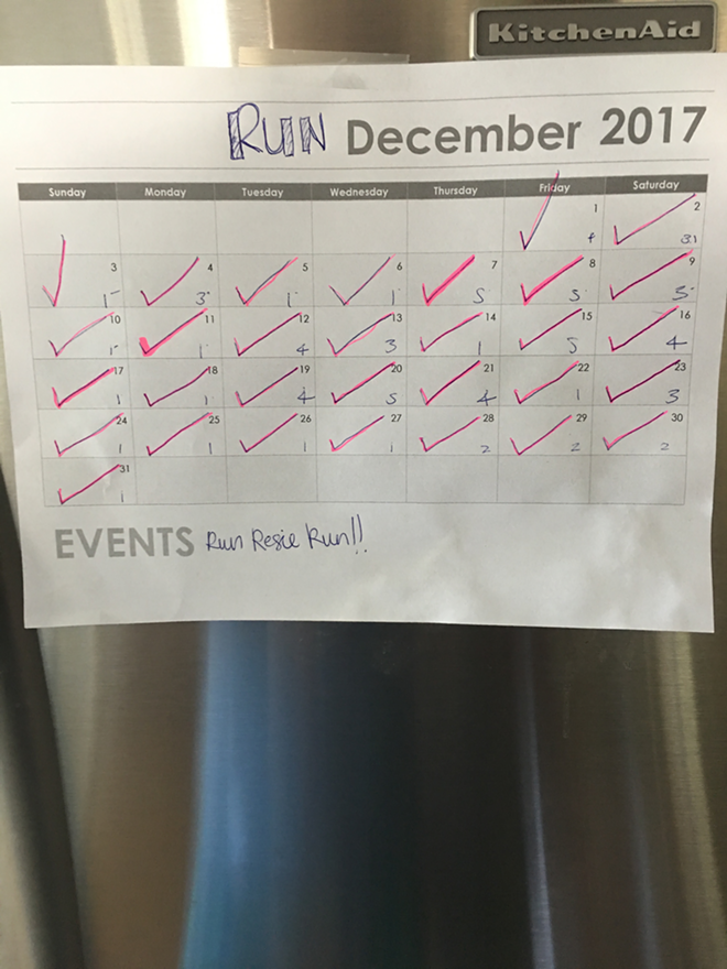 I kept this simple calendar on my fridge to keep me motivated (and it worked surprisingly well). - Resie Waechter