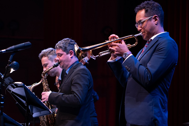James Suggs (R) playing Nate Najar's holiday jazz concert at Palladium Theater's Hough Hall in St. Petersburg, Florida on December 13, 2019. - Kevin Thige